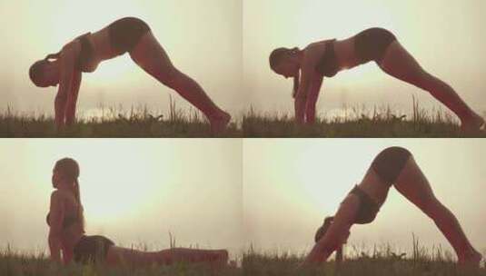女人在日落夕阳下做瑜伽拉伸运动高清在线视频素材下载