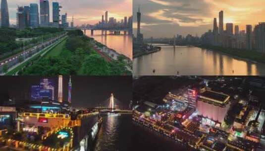 航拍琶洲日落和珠江琶醍夜景高清在线视频素材下载