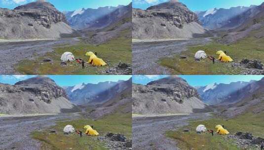 航拍攀登岷山山脉主峰雪宝顶的登山大本营高清在线视频素材下载