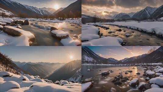 西藏林芝雪山溪流傍晚的阳光高清在线视频素材下载