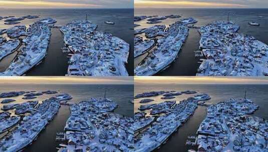 挪威罗弗敦群岛北极圈雷纳冬季雪景高空航拍高清在线视频素材下载