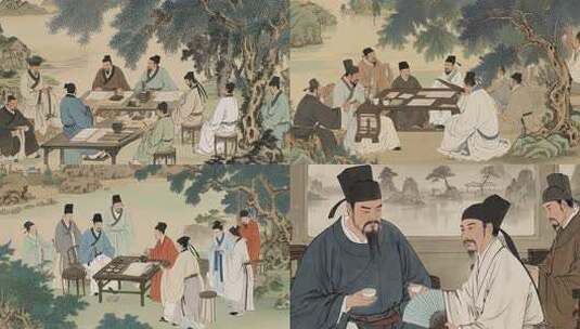 古人聚会饮茶动画高清在线视频素材下载
