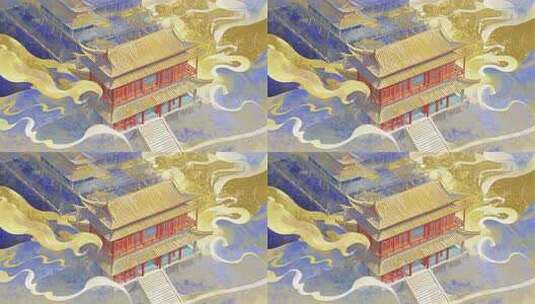 文化历史古建筑宫殿插画中国风传统艺术高清在线视频素材下载
