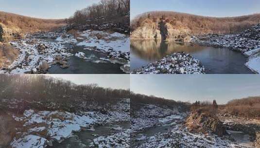 有积雪的溪流旁树林景观高清在线视频素材下载