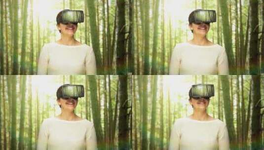 虚拟森林中戴着VR眼镜的女士高清在线视频素材下载