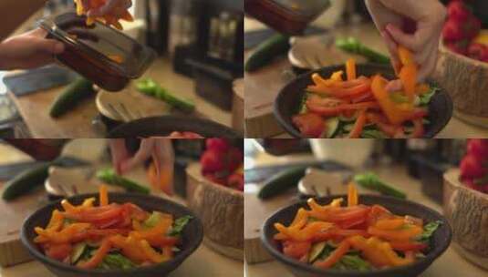 女性手在沙拉碗中加入辣椒片高清在线视频素材下载