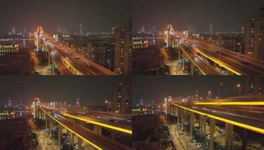 卢浦大桥航拍夜景风光高清在线视频素材下载