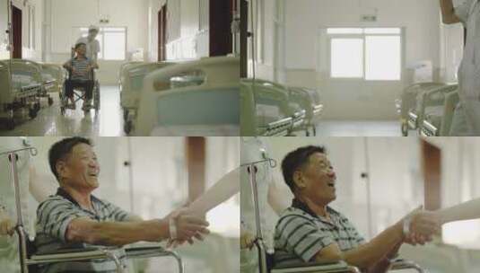 和谐医患关系护士推轮椅医生病人握手拥抱高清在线视频素材下载