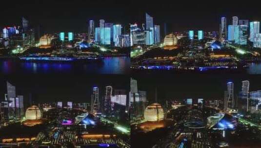 浙江杭州钱江新城城市阳台夜景航拍高清在线视频素材下载