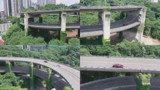 重庆融城立交上的红色小轿车高清在线视频素材下载