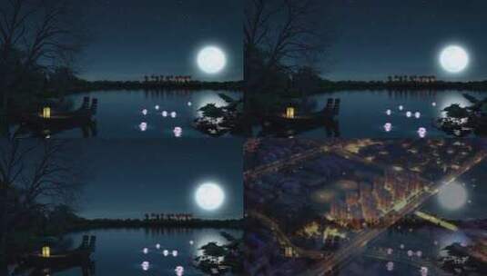 建筑动画地产动画湖边月亮 河边夜景高清在线视频素材下载