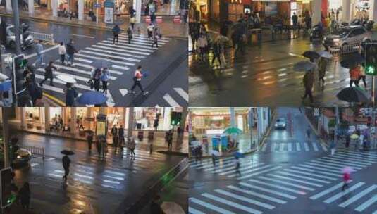 雨天城市路斑马线人流车流景观高清在线视频素材下载