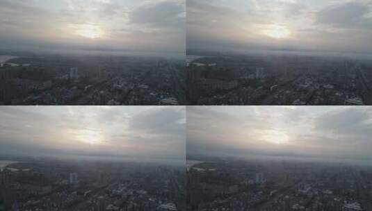 航拍湖南岳阳城市清楚日出迷雾高清在线视频素材下载