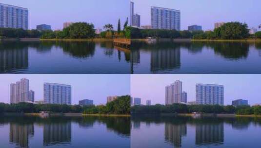 广州流花湖公园湖畔城市建筑与夕阳黄昏景色高清在线视频素材下载