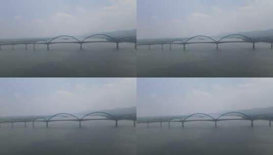 航拍湖北襄阳跨越汉江铁路大桥高清在线视频素材下载