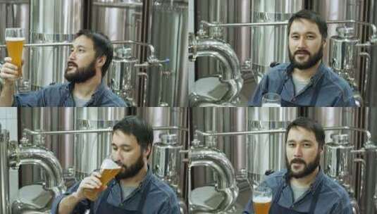 酿酒工人品尝未过滤啤酒特写高清在线视频素材下载