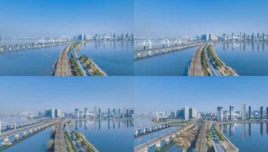 江西省九江市八里湖沿铁路轨迹飞行航拍延时高清在线视频素材下载