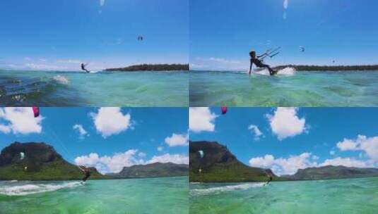 海面上风筝冲浪的小男孩高清在线视频素材下载