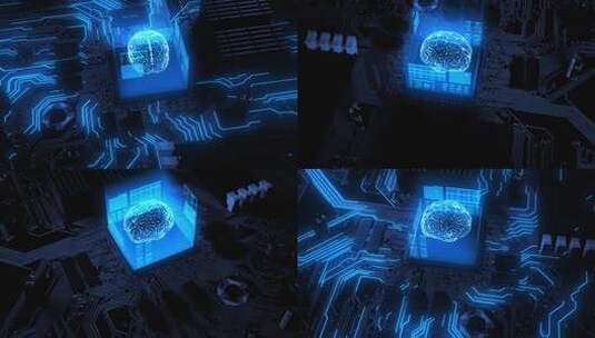 计算机主板芯片上发光的蓝色人脑数据传输高清在线视频素材下载