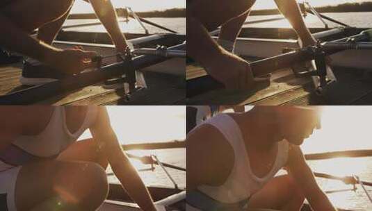男子赛艇运动员练习前准备船高清在线视频素材下载