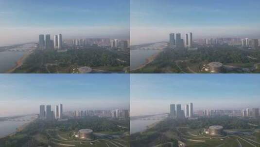 山东日照城市清晨高楼建筑航拍高清在线视频素材下载