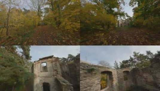 穿过森林飞向古堡遗址高清在线视频素材下载