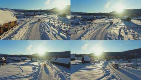 新疆阿勒泰禾木村航拍 冰雪小镇公路航拍高清在线视频素材下载