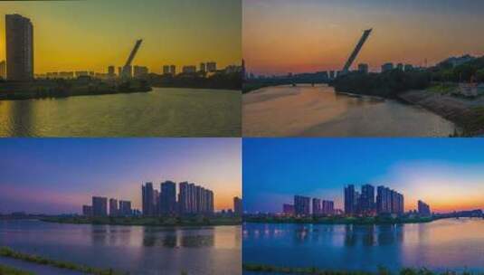 湖南长沙浏阳河二环线大桥夕阳景点延时摄影高清在线视频素材下载