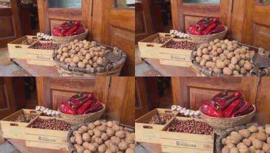 欧洲食品店门口摆放的坚果高清在线视频素材下载