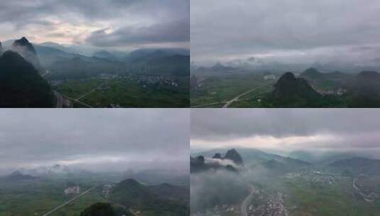 早晨日出桂林喀斯特地貌下的乡村与高铁高清在线视频素材下载
