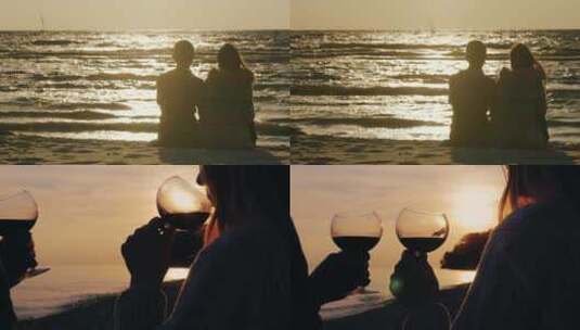 海边情侣看霞光喝红酒剪影高清在线视频素材下载