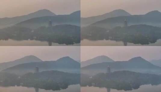 晨雾笼罩下的杭州西湖水墨画般宛如仙境高清在线视频素材下载