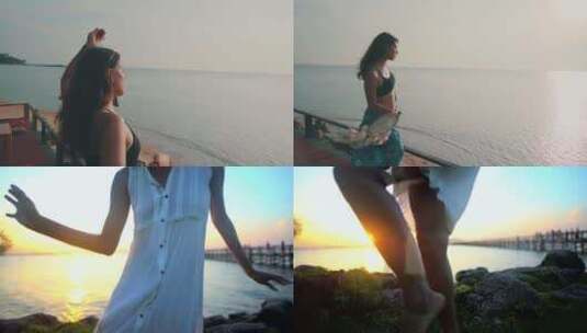 年轻女孩海边漫步跳舞度假享受生活海边吹风高清在线视频素材下载