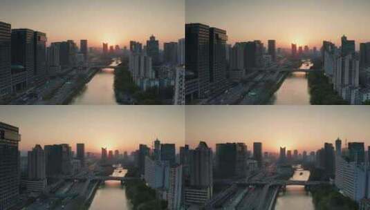 杭州大运河河畔环城北路夕阳航拍高清在线视频素材下载