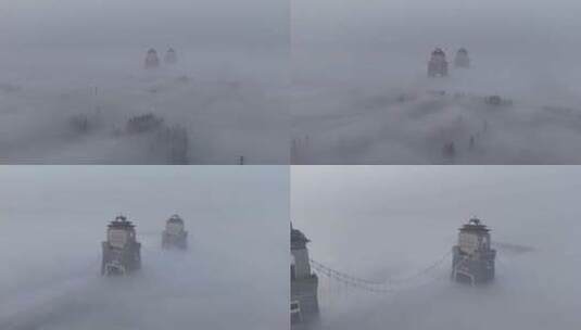 万福大桥晨雾 超低平流雾高清在线视频素材下载
