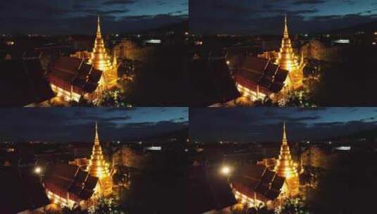 泰国清迈古城帕辛寺航拍城市夜景风光高清在线视频素材下载