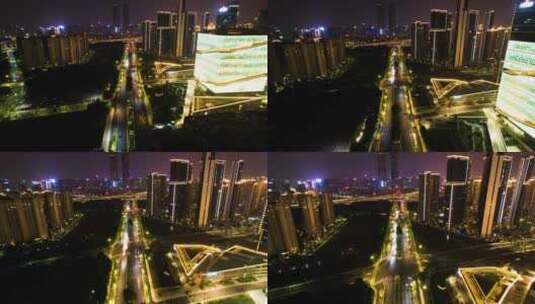 杭州滨江奥体中心奔竞大道车流夜景延时高清在线视频素材下载