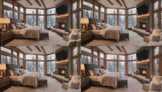 窗外美丽的冬季景观冬季森林中的客房高清在线视频素材下载