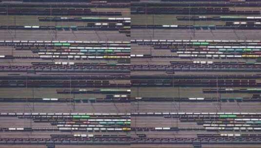 铁路分拣站鸟瞰图和铁路上的大量货车高清在线视频素材下载