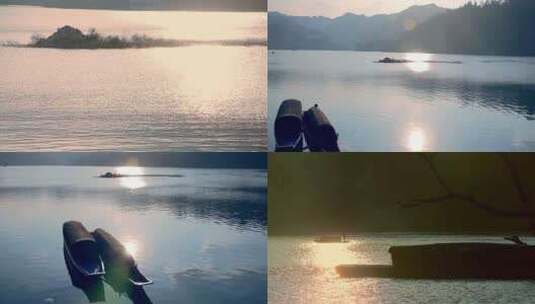 最美黄昏湖面 一叶扁舟高清在线视频素材下载