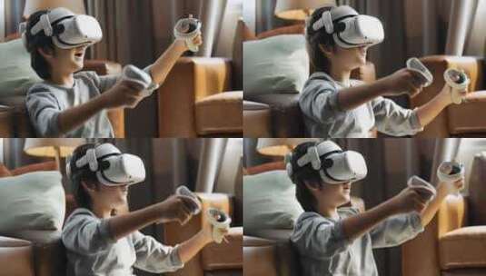 现实场景虚拟现实VR眼镜小孩打游戏高清在线视频素材下载