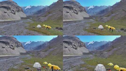 航拍攀登岷山山脉主峰雪宝顶的登山大本营高清在线视频素材下载