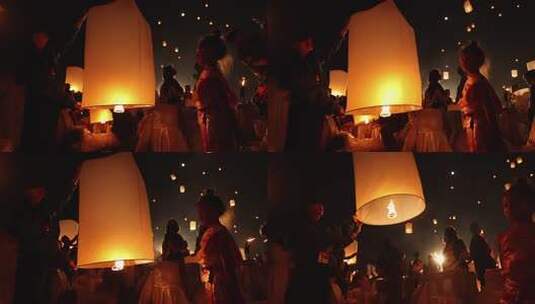 万人放飞孔明灯高清在线视频素材下载