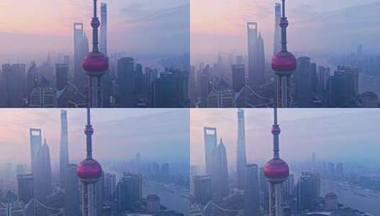 4k实时航拍上海陆家嘴东方明珠日出高清在线视频素材下载