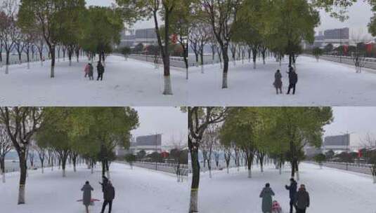 航拍冬天城市滨江雪景高清在线视频素材下载