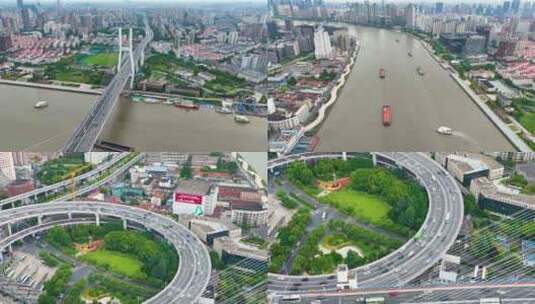 上海市黄浦区黄浦江南浦大桥桥梁车流交通航高清在线视频素材下载