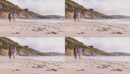 情侣，海洋和手牵手散步，在夏天的阳光下为高清在线视频素材下载