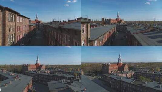 以教堂为背景的旧红砖住宅区高清在线视频素材下载