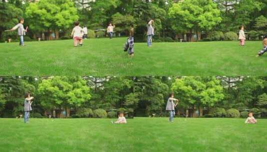 公园草坪 儿童玩耍 追泡泡 (1)高清在线视频素材下载