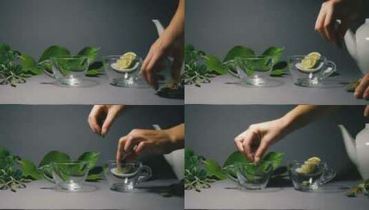 在透明玻璃杯中用草药泡茶高清在线视频素材下载